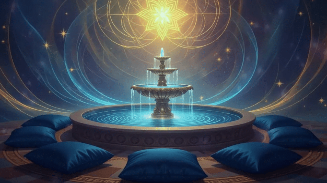 Runde Quelle aus flüssigem Sternenlicht im Tempelzentrum