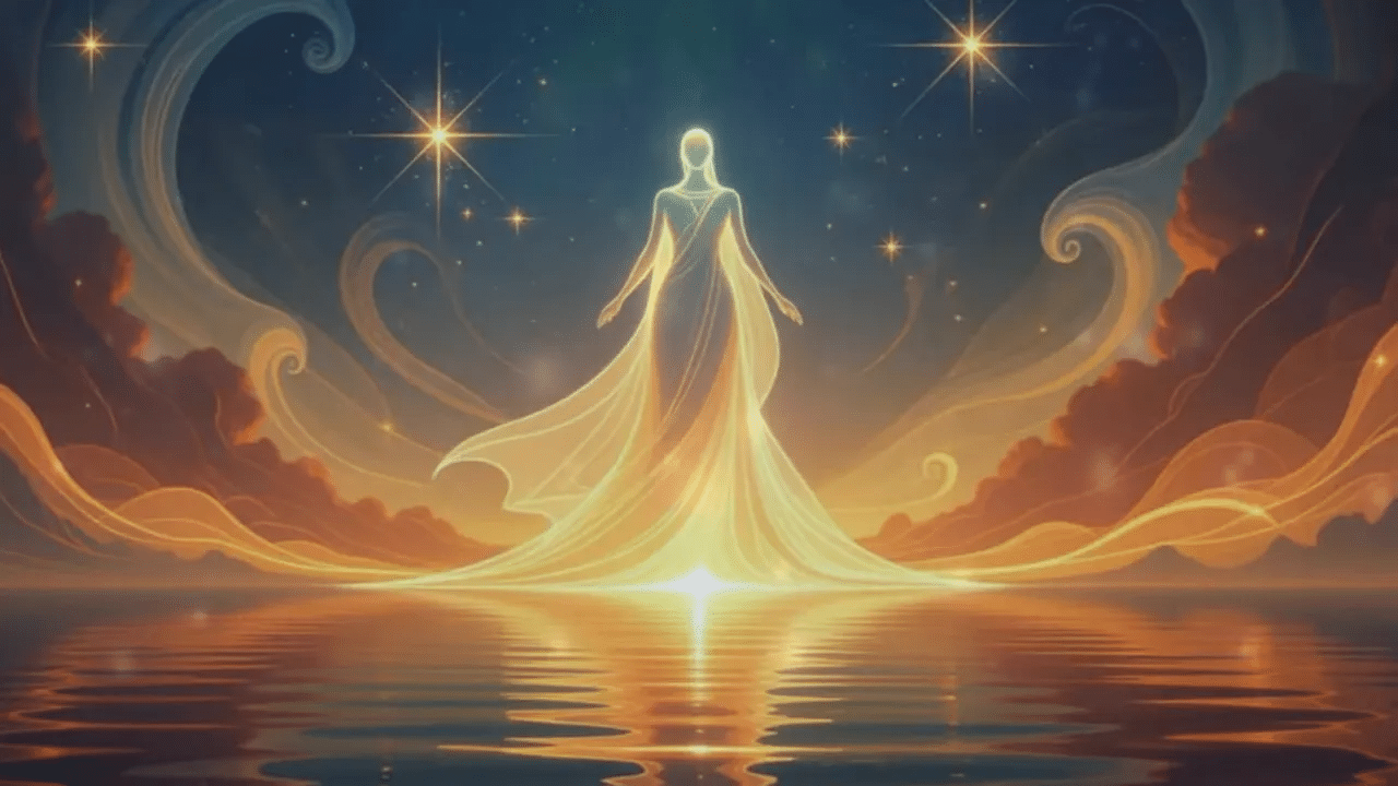 Ein großes, anmutiges Wesen aus weiß-goldenem Licht betritt den Tempel