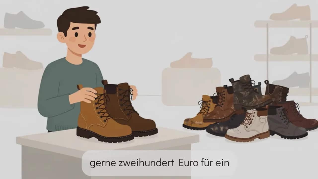 Mann hält ein hochwertiges Stiefelpaar neben mehreren billigeren Modellen