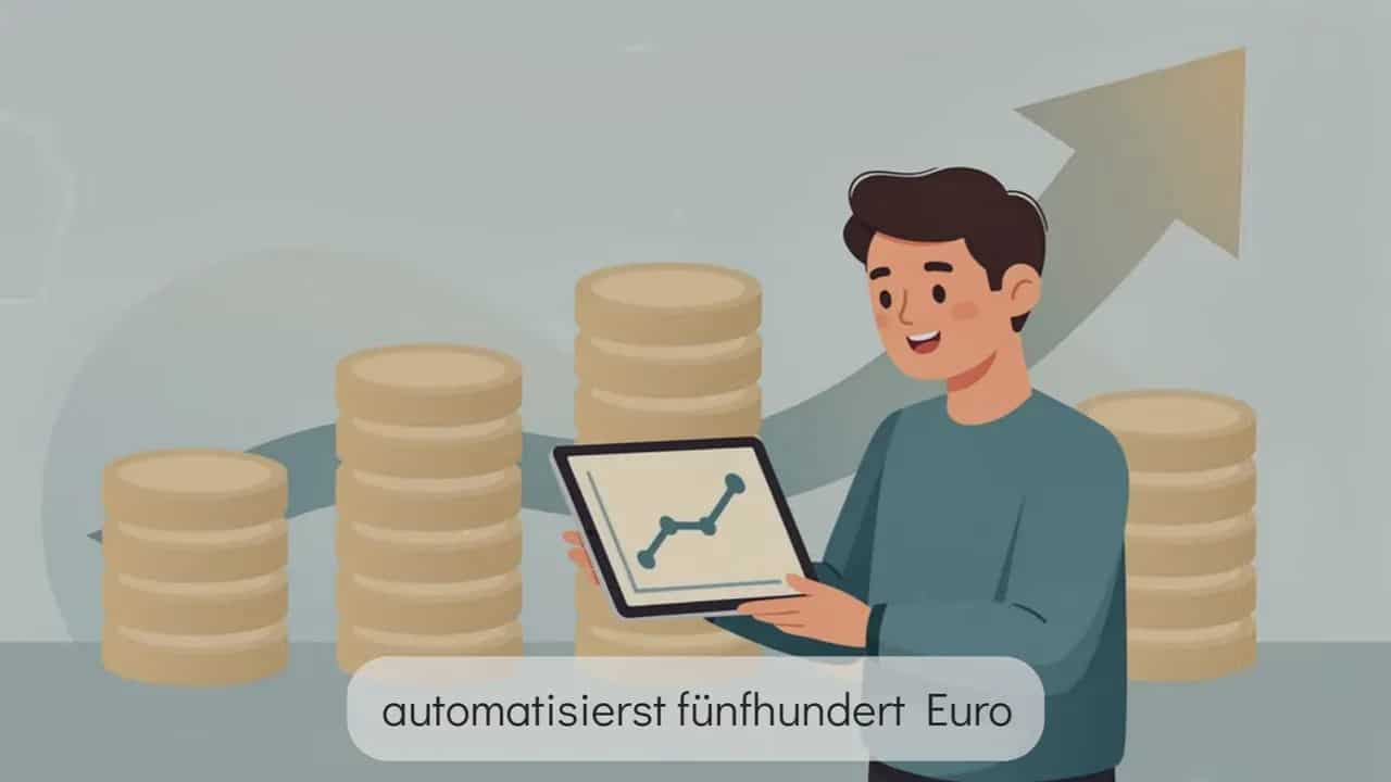 Illustration: Person mit Tablet zeigt steigendes Diagramm vor Stapeln von Münzen.