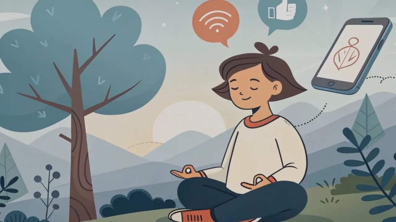 Illustration einer Person, die im Freien meditiert; ein schwebendes Smartphone und Sprechblasen (WLAN, Like) symbolisieren digitale Ablenkung.