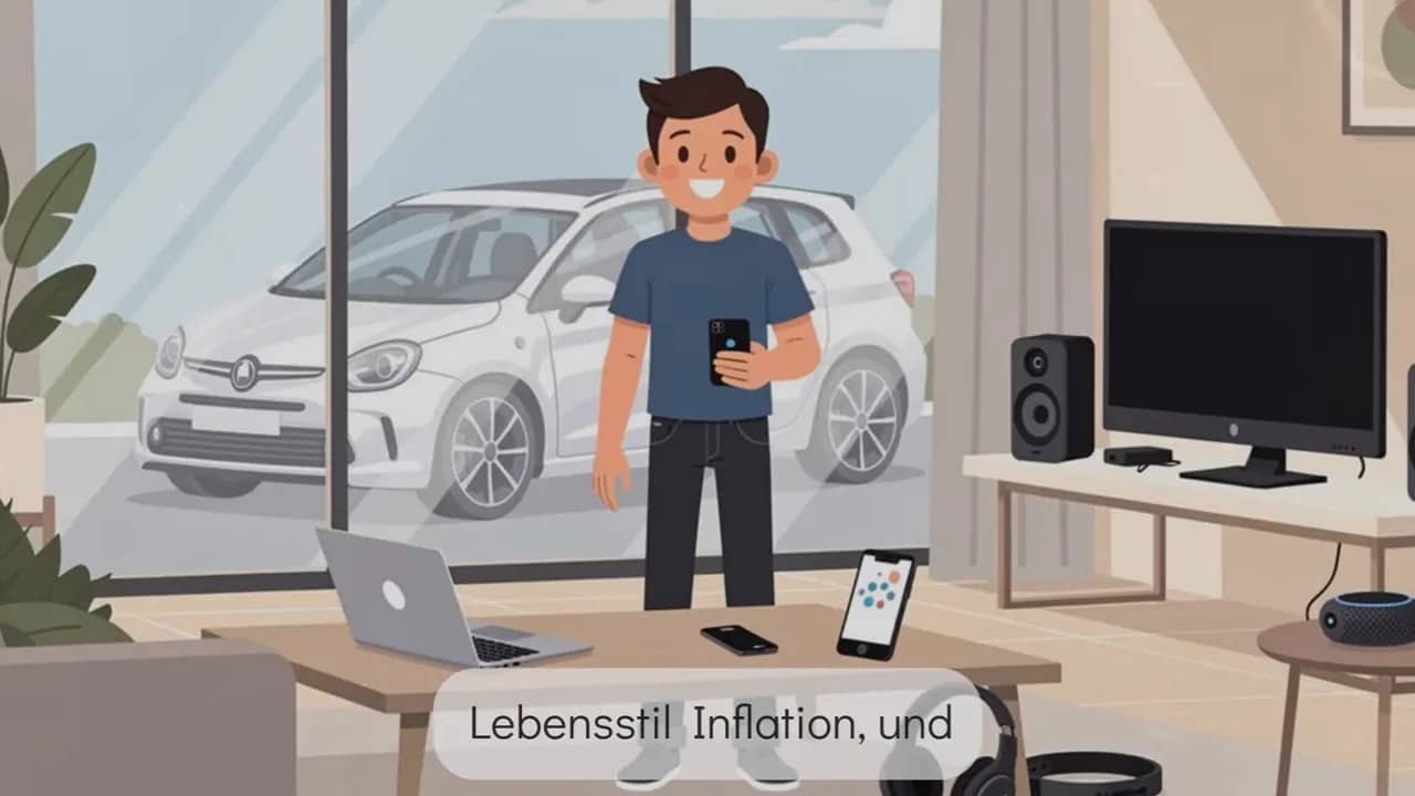 Illustration einer Person in einer Wohnung mit einem Auto im Hintergrund – Symbol für Lifestyle-Inflation