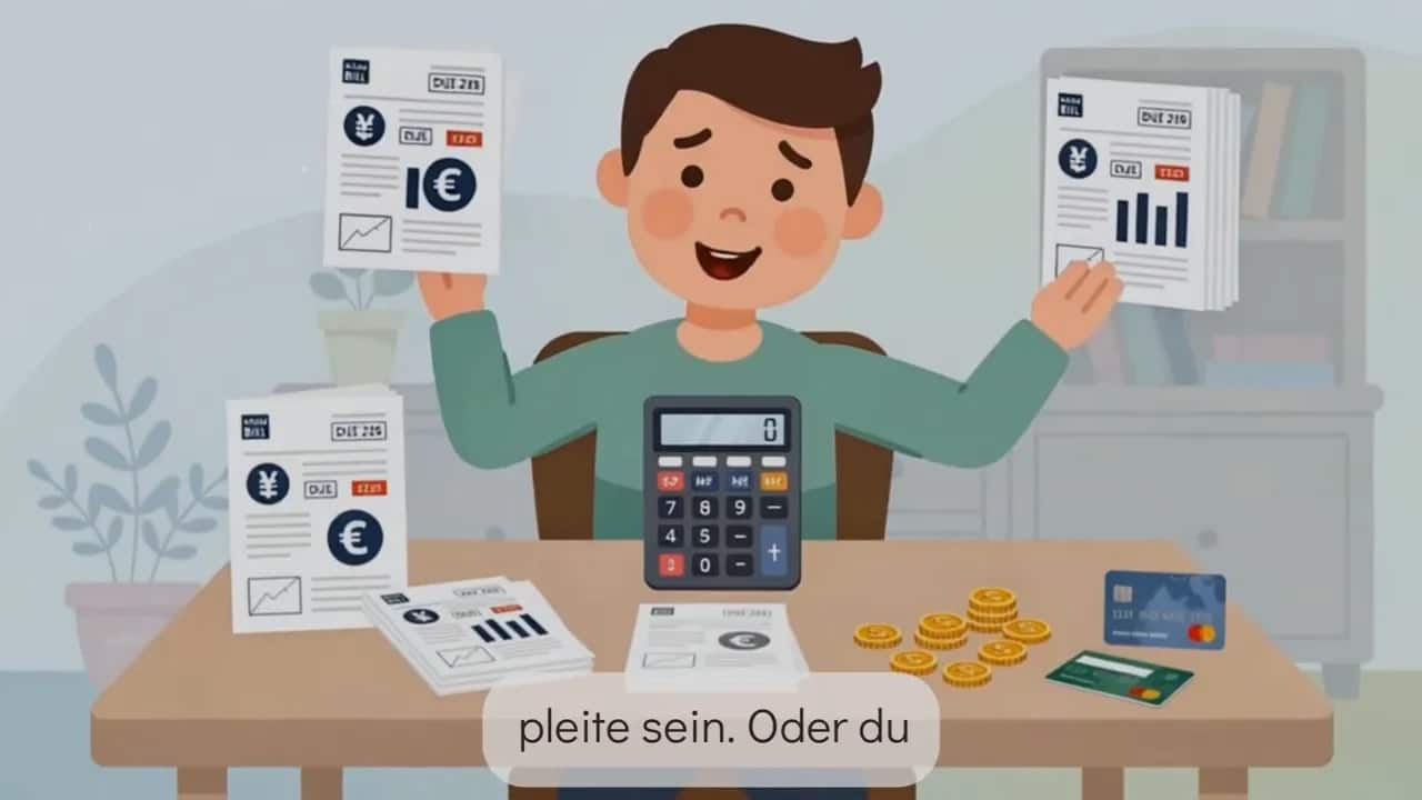 Tisch mit Taschenrechner, Belegen, Muenzen und Kreditkarten