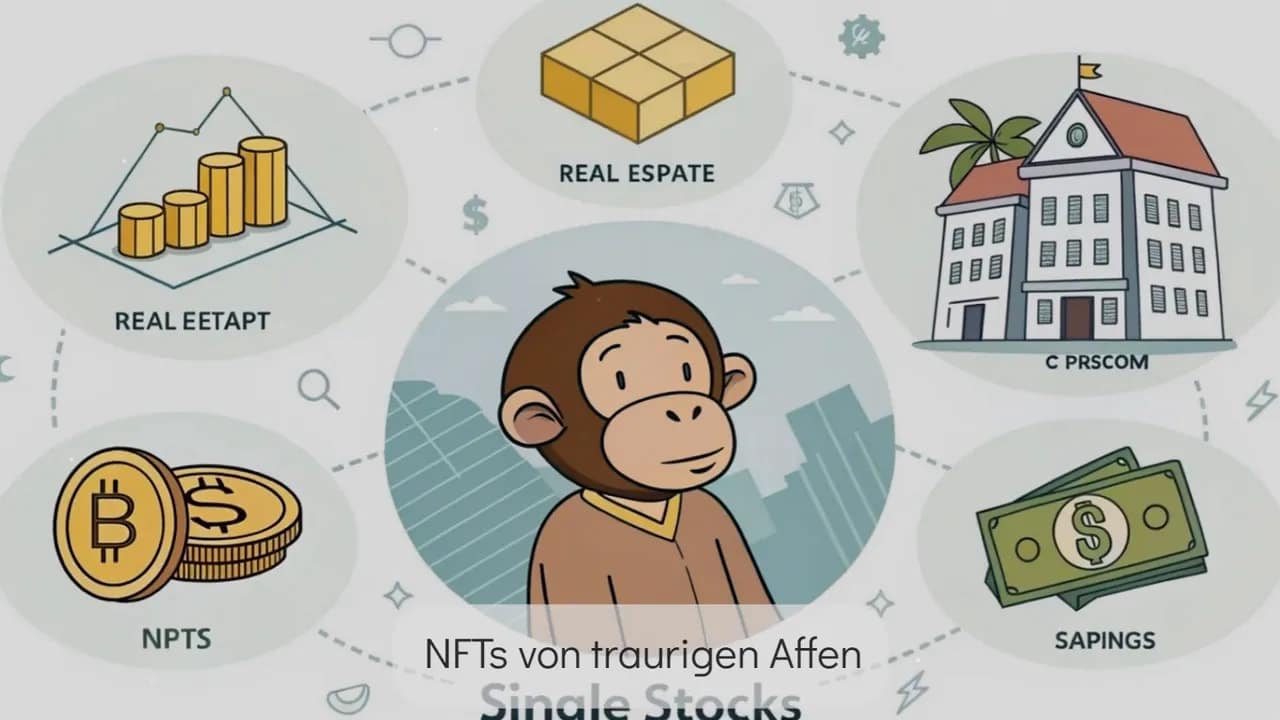 Illustration mit einem NFT‑Affen im Zentrum, umgeben von Symbolen für Immobilien, Münzen und Bargeld.