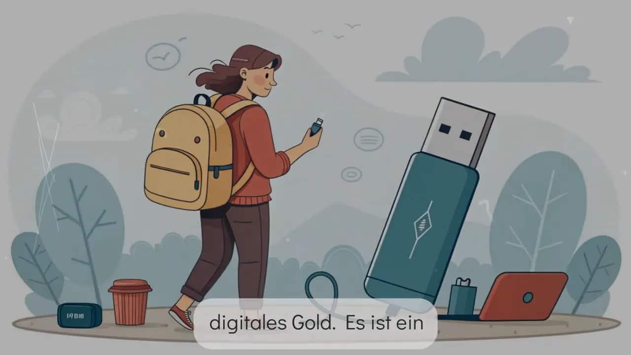 Illustration einer Person mit Rucksack, die einen USB‑Stick hält; großes Hardware‑Wallet (USB) und Laptop im Hintergrund als Symbol für portable, sichere Aufbewahrung
