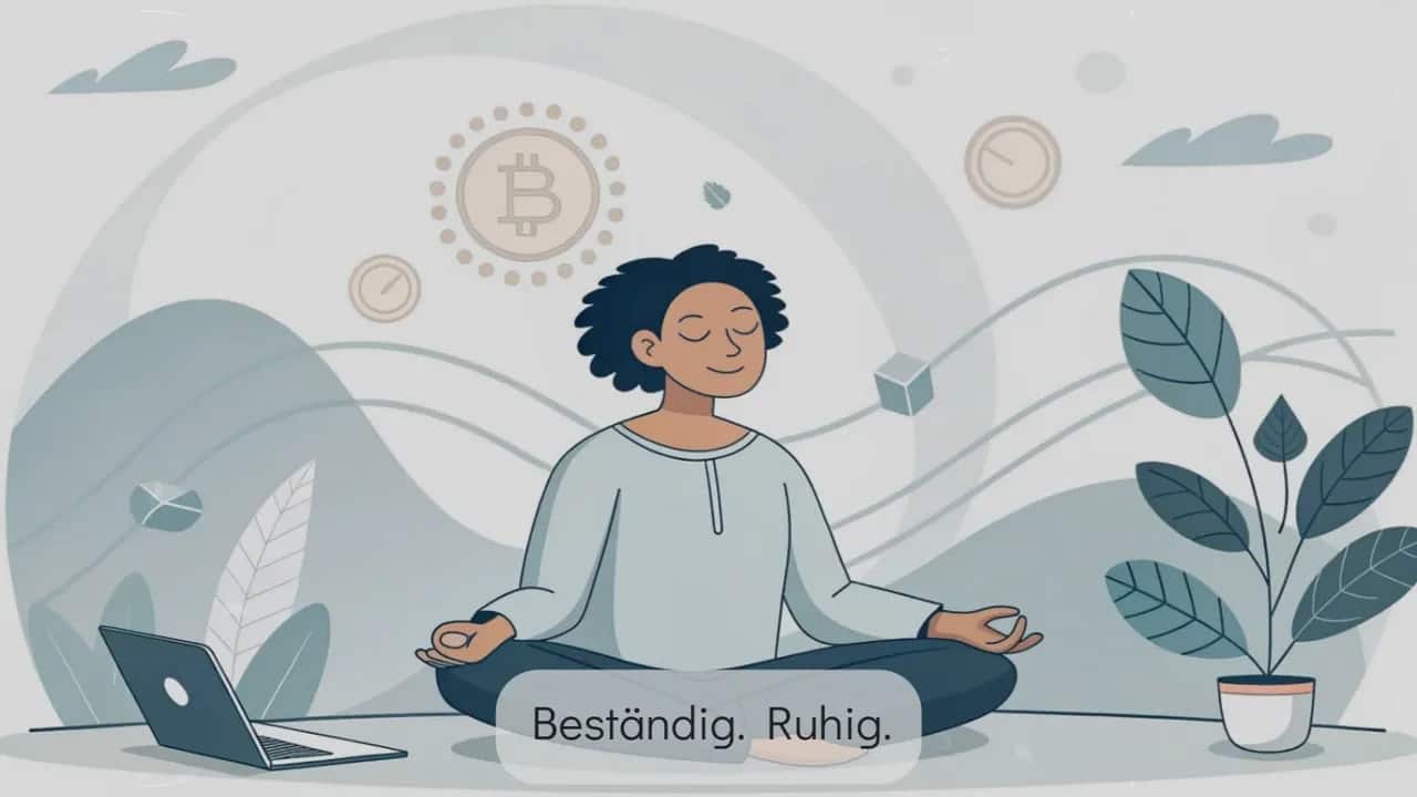 Illustration einer Person in Meditationshaltung vor einem Laptop mit Bitcoin-Symbol im Hintergrund; ruhige, minimalistische Farben