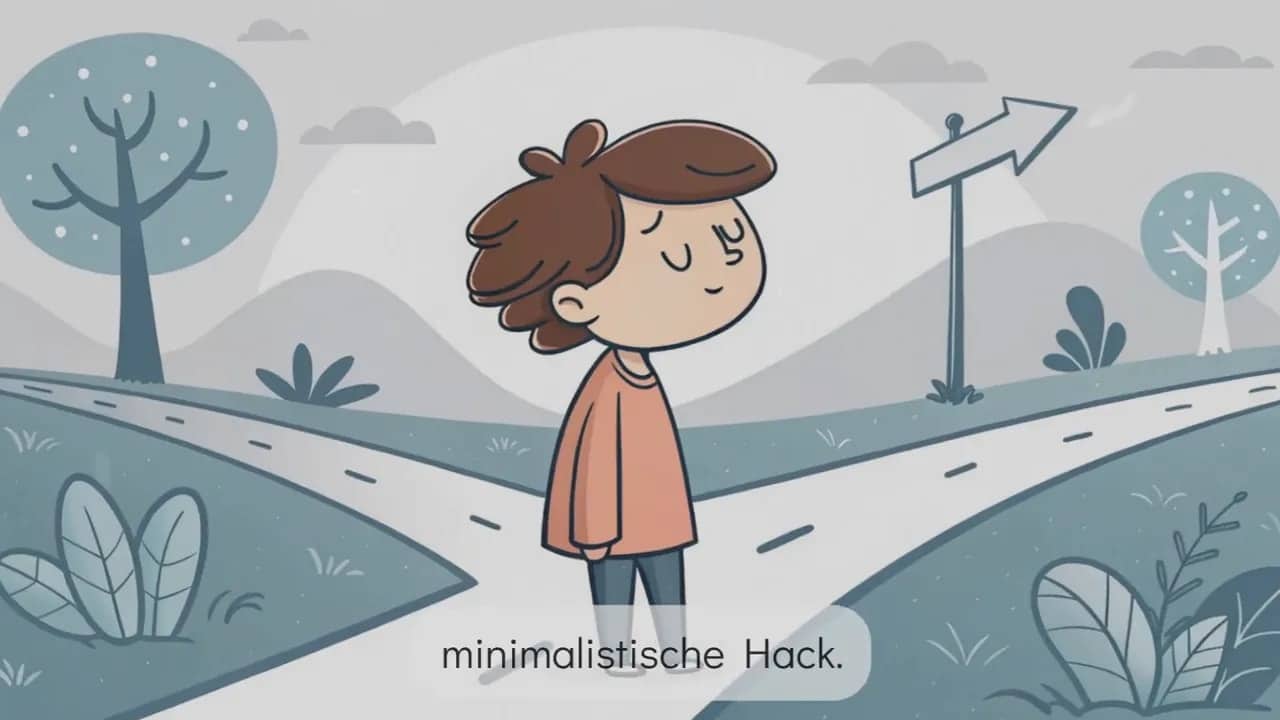 Cartoon-Person steht an einer Weggabelung mit Richtungsschild; ruhige Farben, symbolisiert Fokus und Entscheidungsfindung