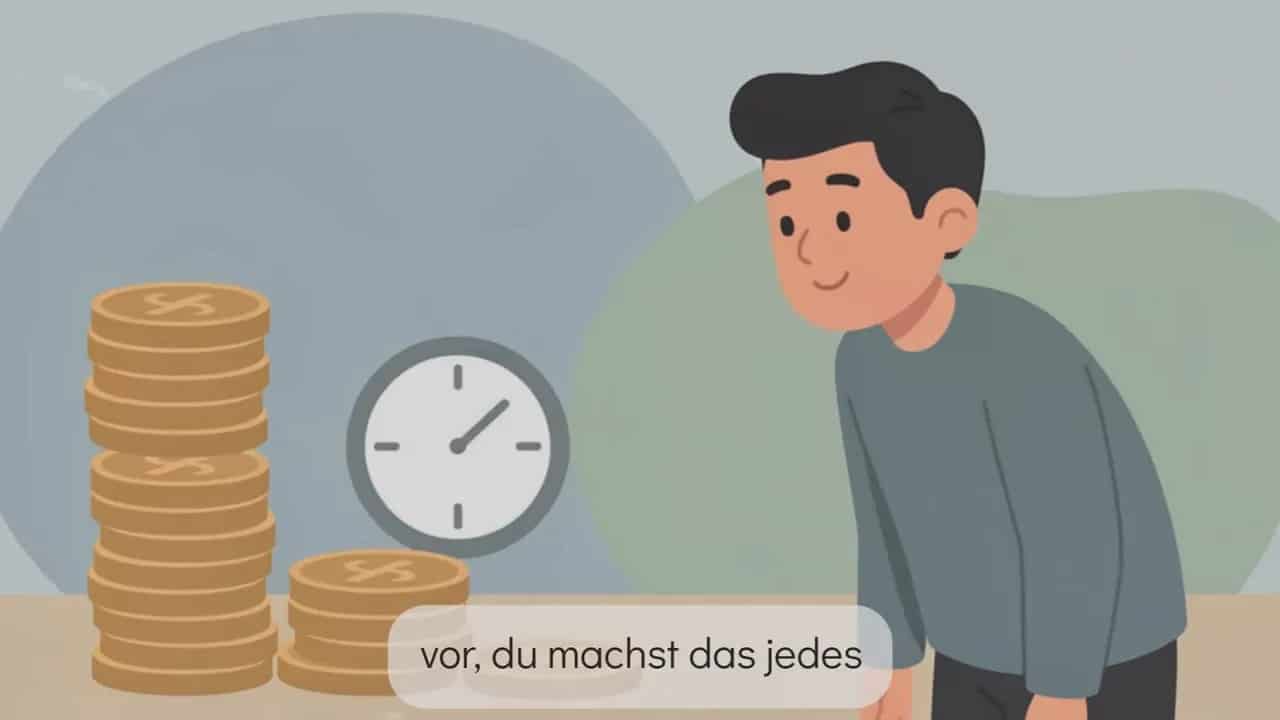 Klare Illustration: Münzstapel neben einer Uhr mit einer Person im Vordergrund – Symbol für langfristiges Sparen und Zinseszins