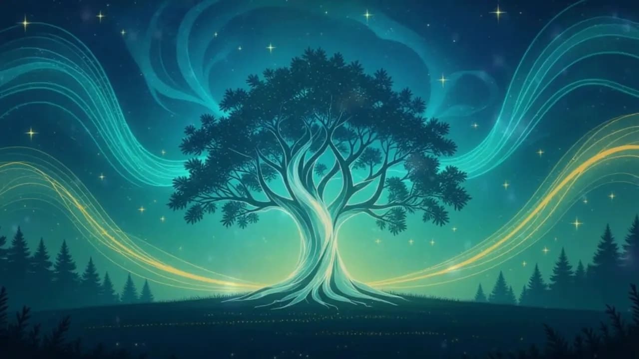 Silbrig schimmernder Baum der Stille auf einer mondbeleuchteten Lichtung mit fließenden Energie‑Bändern.