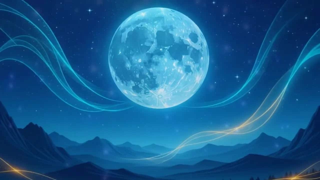 Vollmond über sanfter Anhöhe und fließenden Lichtbändern