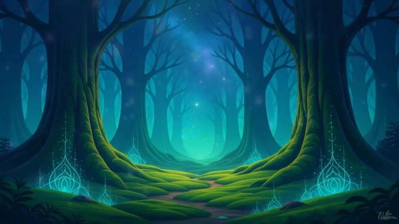 Mondlichtgeflutete Wiese mit Moosteppich und leuchtenden Blüten im Zauberwald