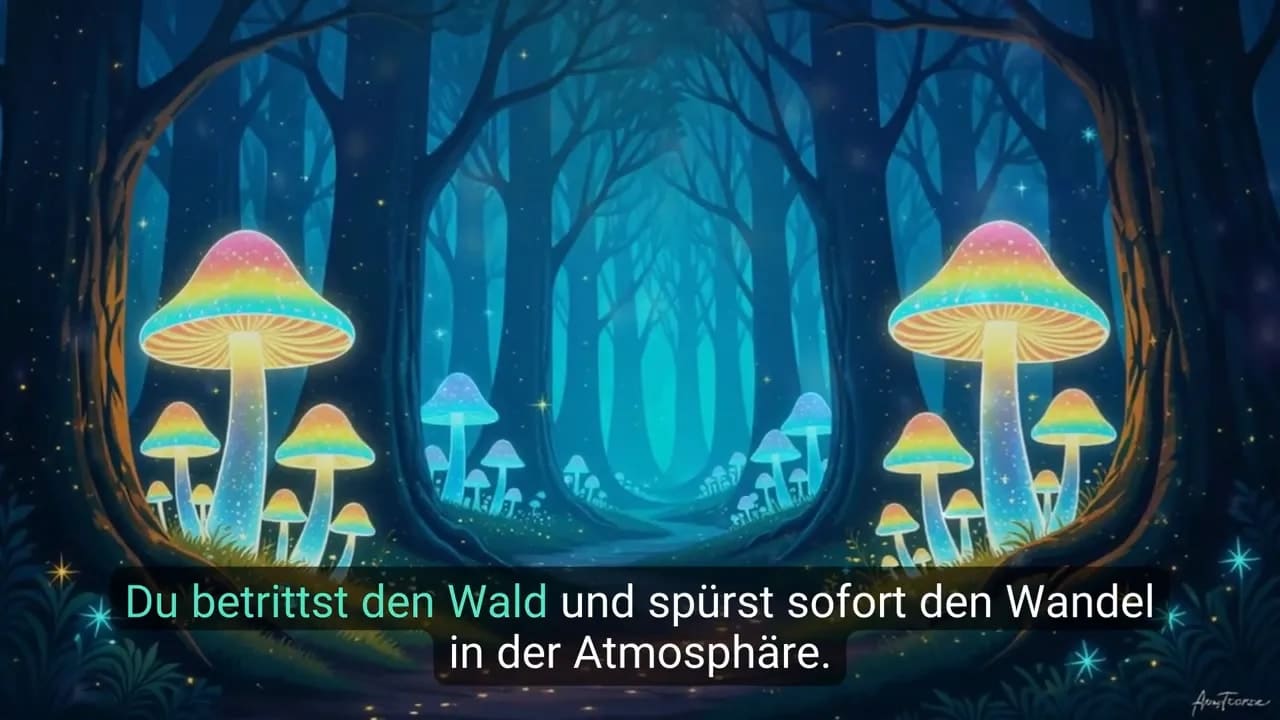 Waldpfad gesäumt von leuchtenden, regenbogenfarbenen Pilzen