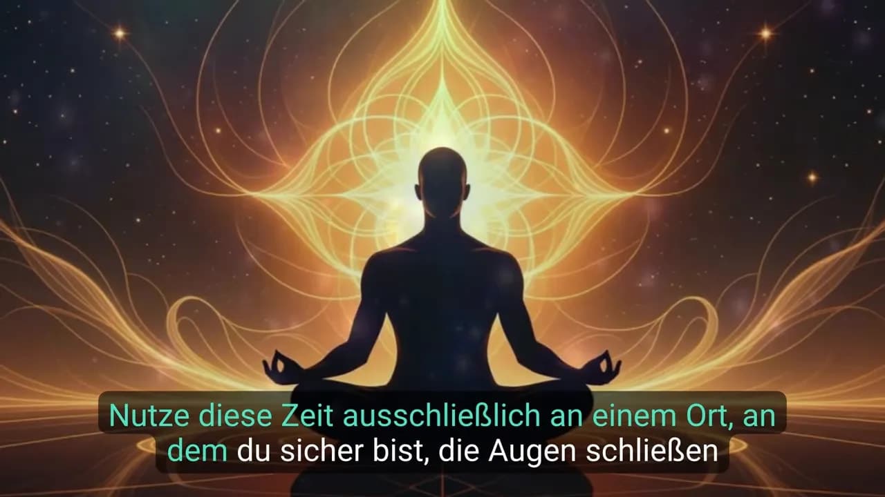Dunkle Meditationssilhouette vor goldenem Mandala und beruhigender Lichtstruktur