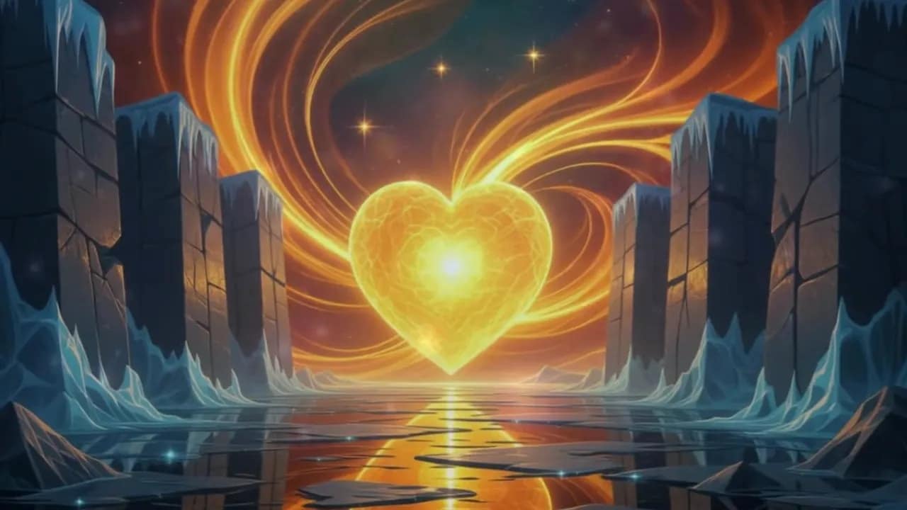 Leuchtendes goldenes Herz schwebt vor fließenden Lichtströmen und eisigen Felsen