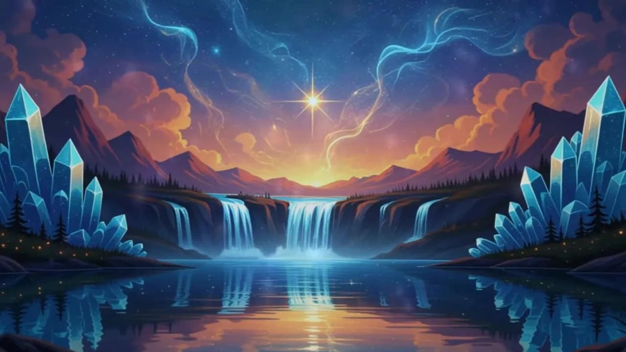 Kristallsee mit mehreren Wasserfällen, leuchtenden Kristallen und Sternenhimmel