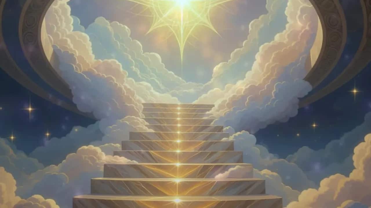 Bergkristalltreppe mit leuchtenden Stufen und himmlischem Licht