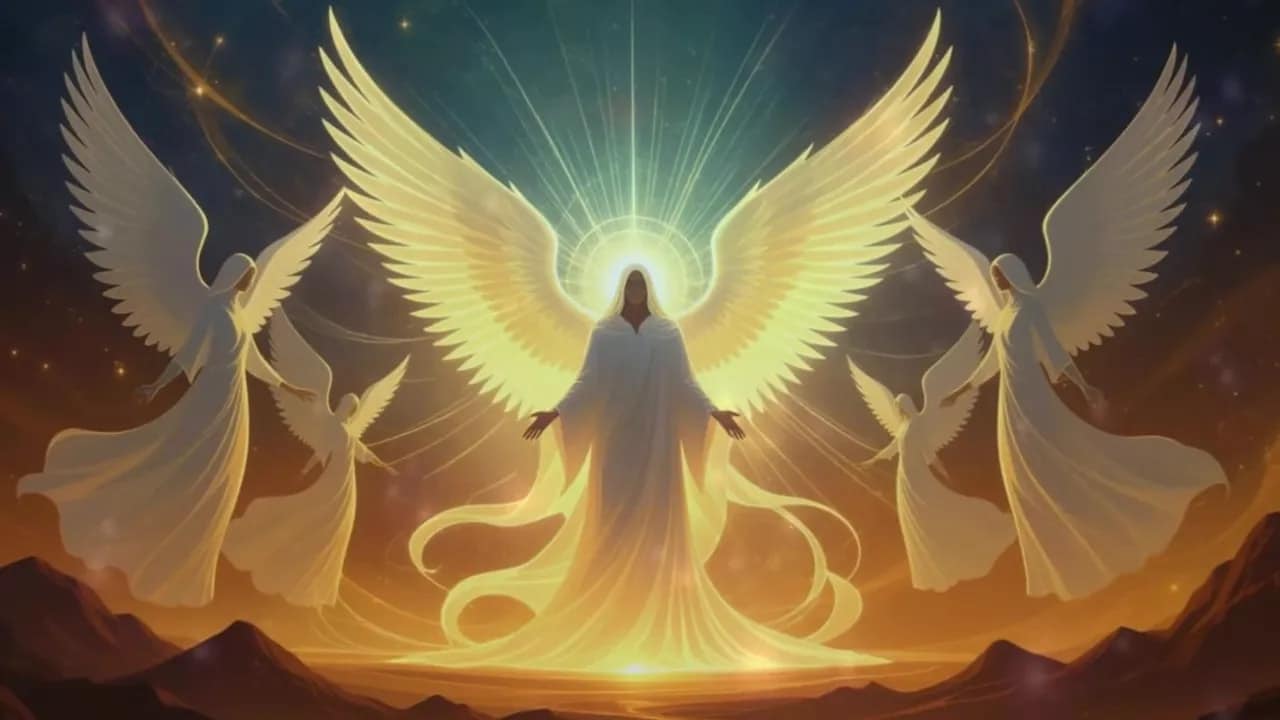 Leuchtender Engel mit ausgebreiteten goldenen Flügeln im warmen Licht