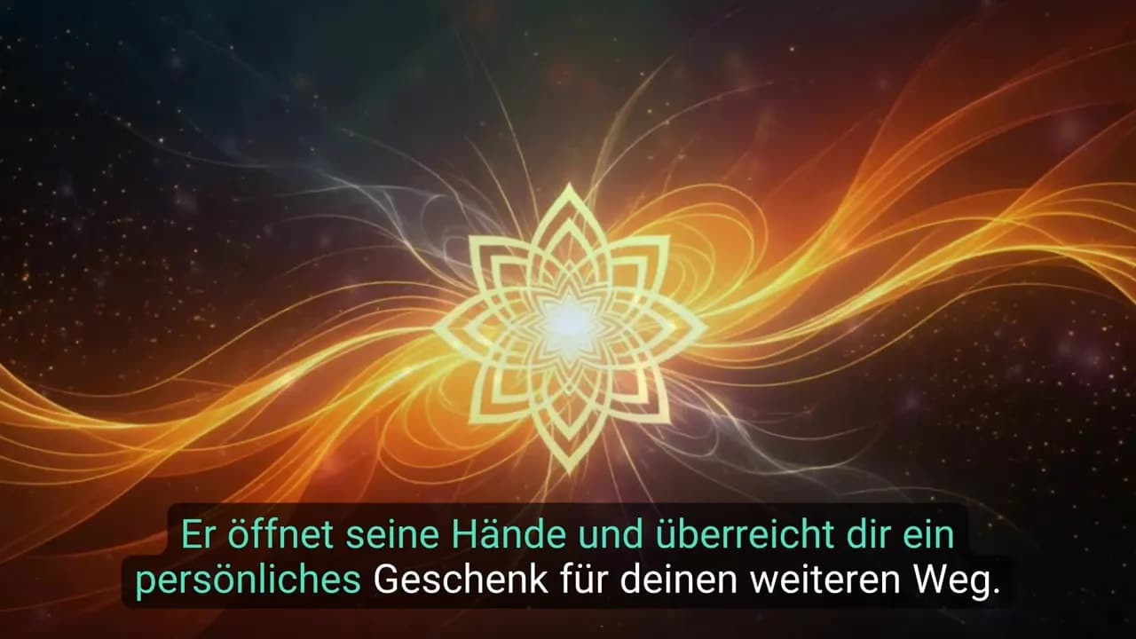 Leuchtendes gold-oranges Mandala mit deutschem Untertitel 'Er öffnet seine Hände und überreicht dir ein persönliches Geschenk'.