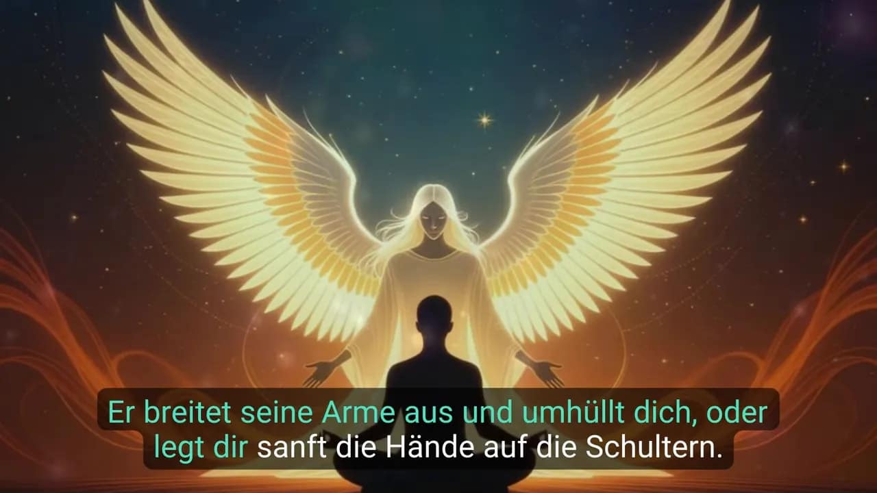 Schutzengel mit ausgebreiteten Flügeln steht vor einer sitzenden Person; deutscher Untertitel am unteren Bildrand.