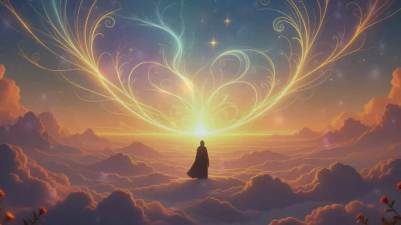 Silhouette auf einer Wolkenlandschaft mit strahlenden, goldenen Lichtbögen am Horizont