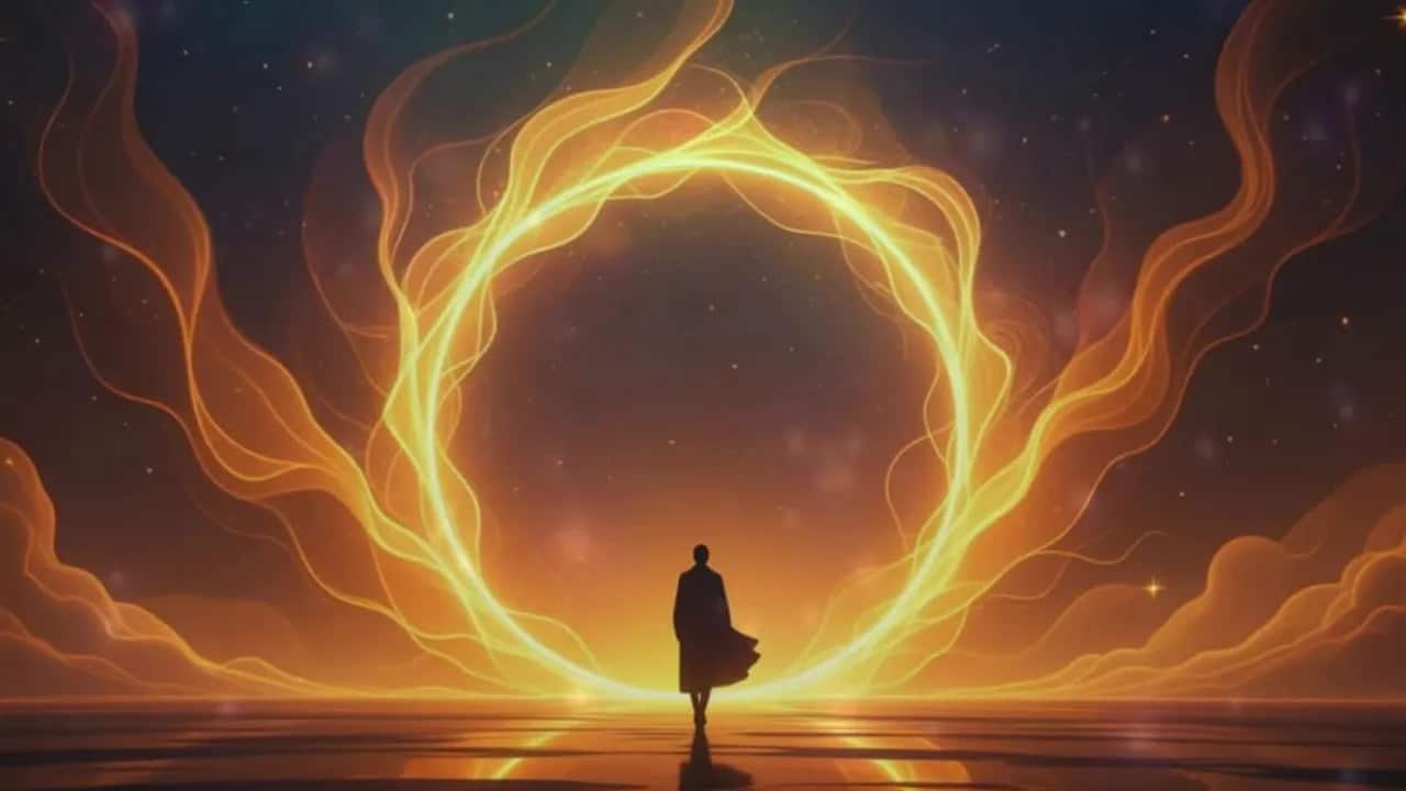 Silhouette geht auf ein großes goldenes, leuchtendes Ringtor am Horizont zu