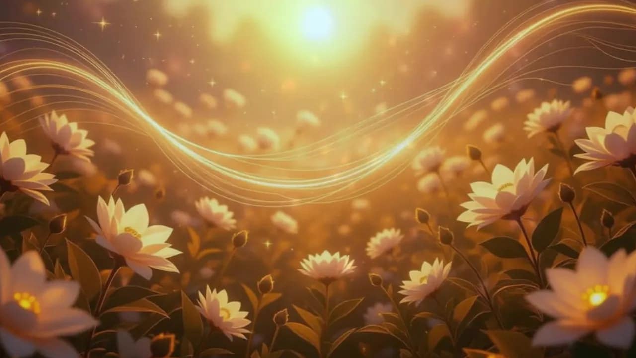 Sonnendurchfluteter Garten mit weißen Blüten und goldenen Lichtstrahlen