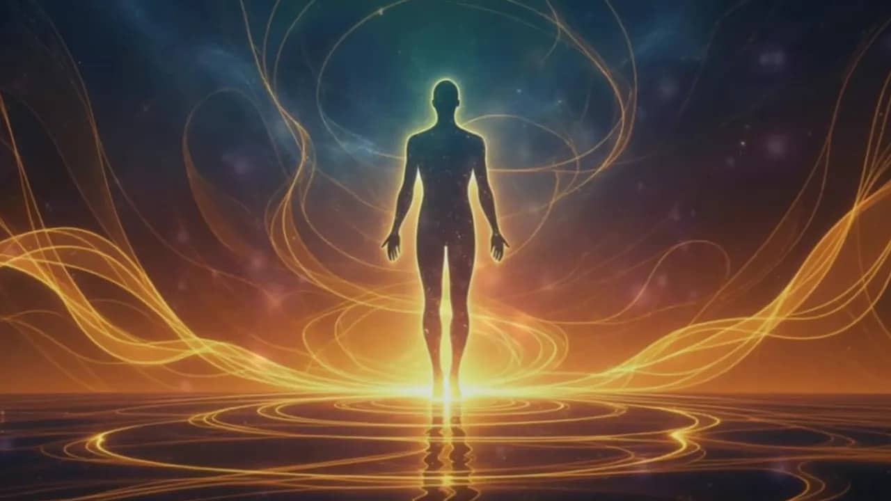 Schwarze Silhouette vor goldenen Lichtlinien mit deutlich sichtbaren, leuchtenden Ringen am Boden