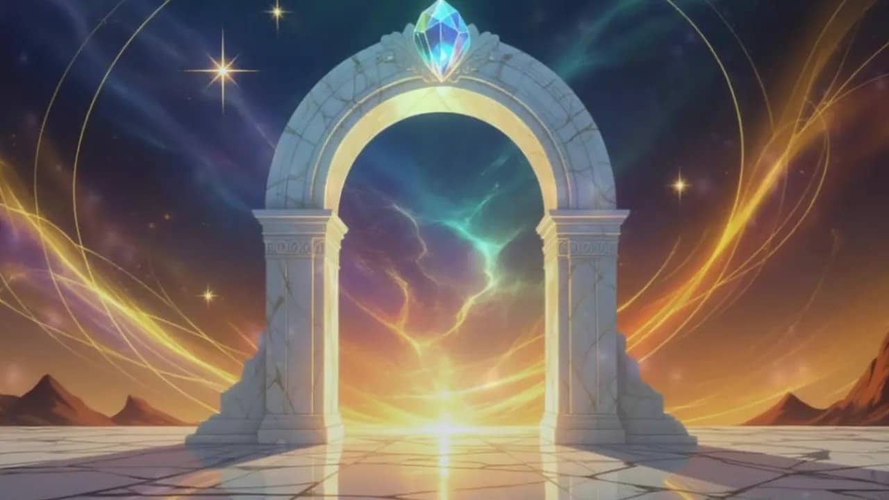 weißer Marmorbogen mit Kristall oben, goldenes Licht durch die Öffnung, klar sichtbarer Boden