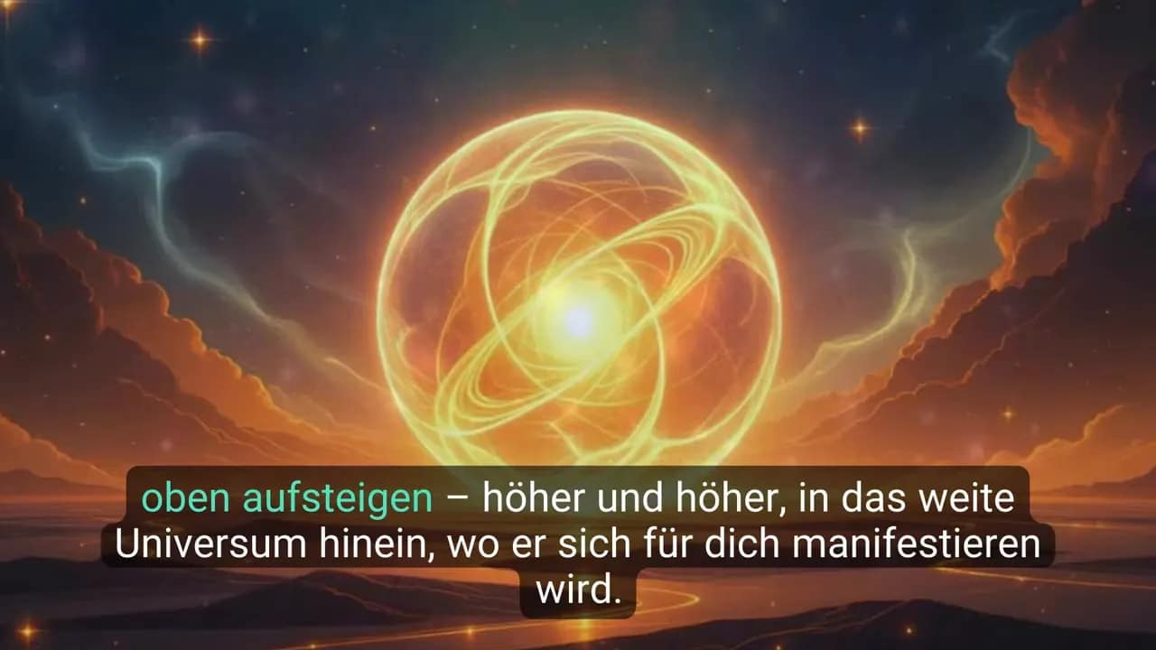 Leuchtende goldene Lichtkugel am Horizont mit dem eingeblendeten Text 'oben aufsteigen'