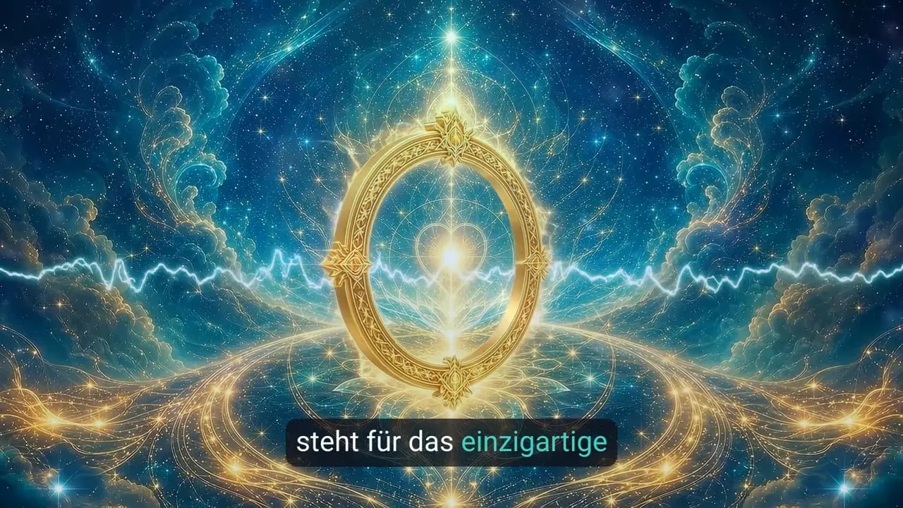 Goldener Kreis mit leuchtender Flamme vor einer kosmischen Landschaft