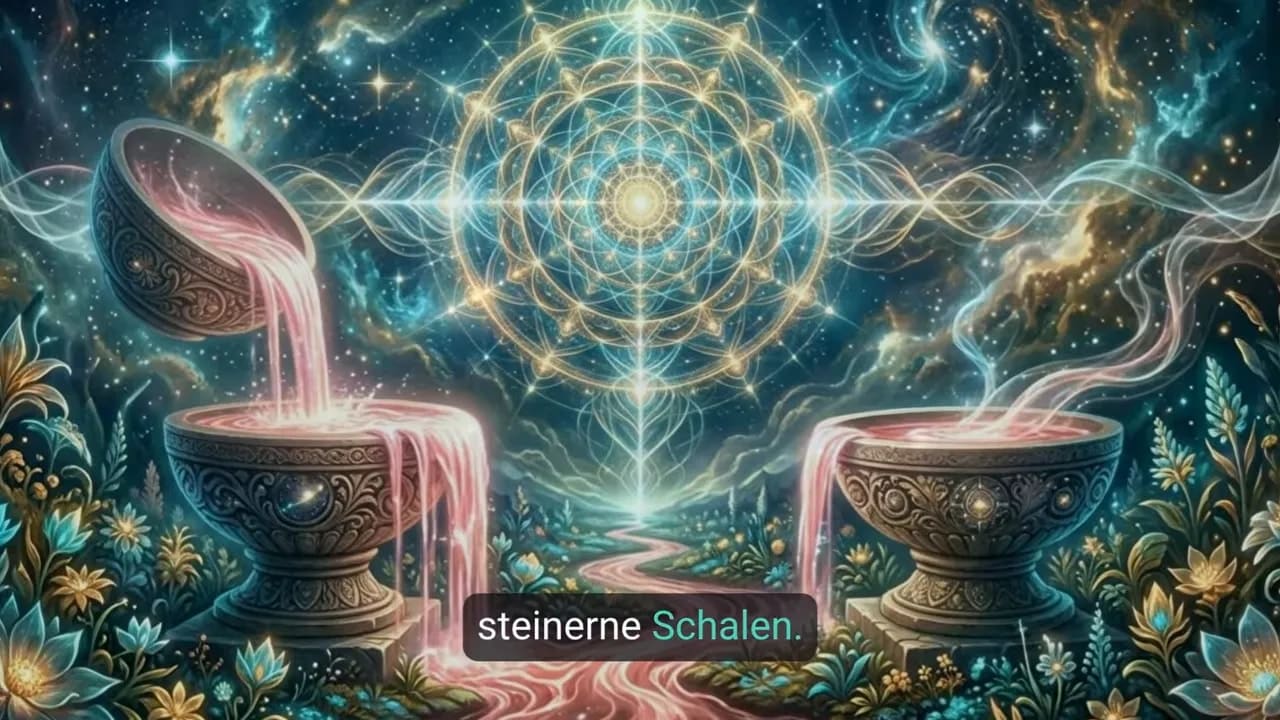 Zwei steinerne Schalen stehen vor einem leuchtenden geometrischen Muster im Garten
